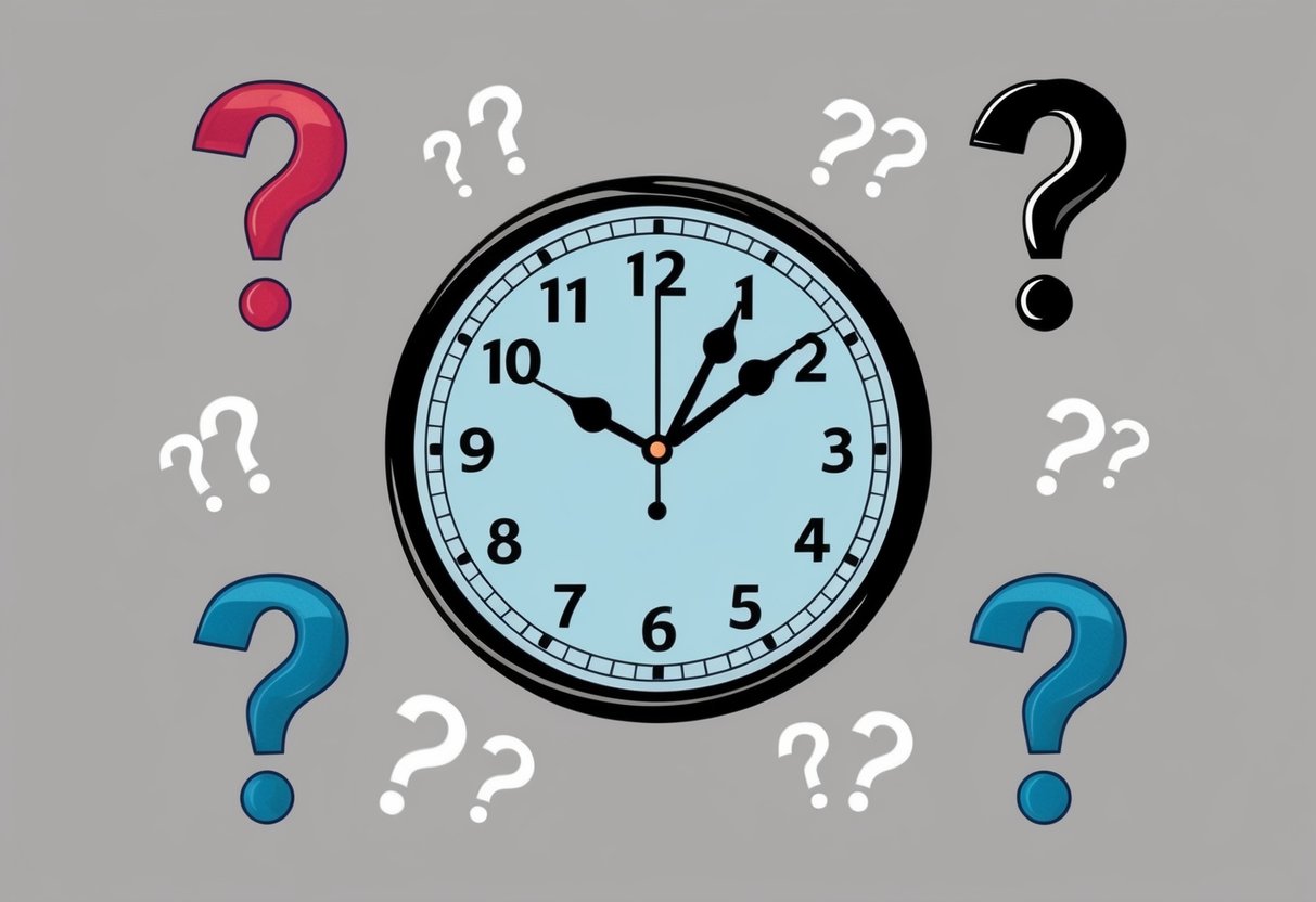 A clock with hands pointing to bedtime hours, surrounded by question marks