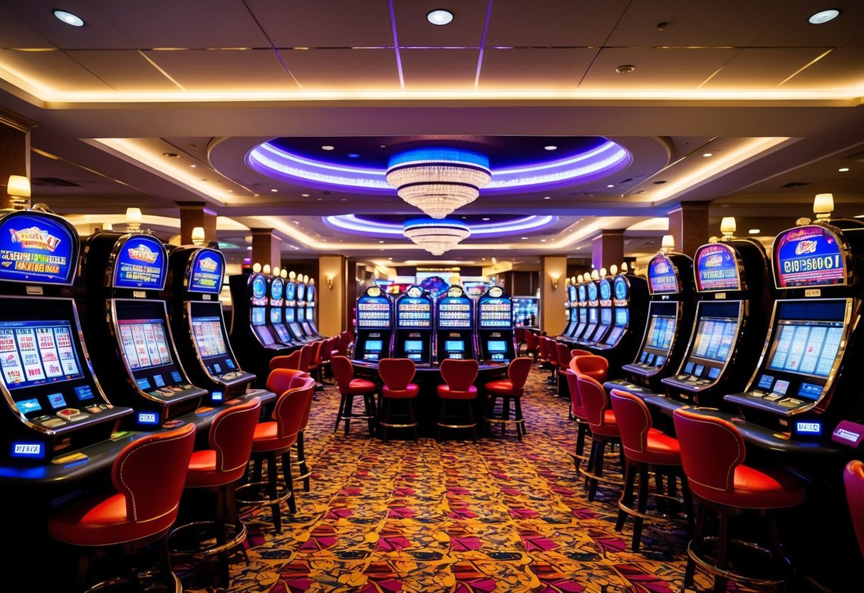 A colorful casino floor with slot machines and card tables, surrounded by flashing lights and a lively atmosphere