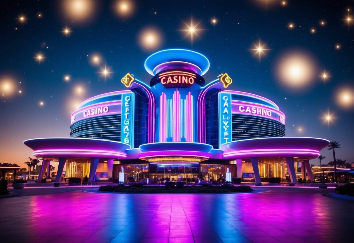 A vibrant casino with futuristic architecture and neon lights, surrounded by a galaxy of stars