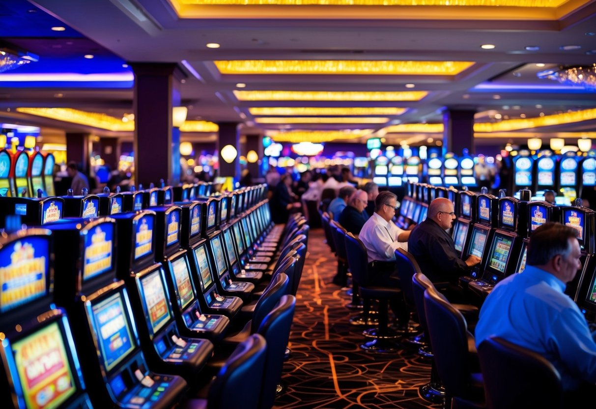 A bustling casino floor with rows of slot machines, colorful lights, and excited patrons playing games