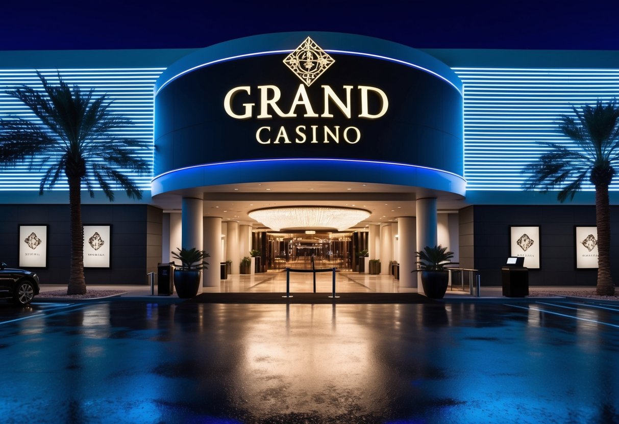 A grand casino entrance with bright lights and a sleek, modern exterior. Palm trees and a valet stand add to the luxurious atmosphere