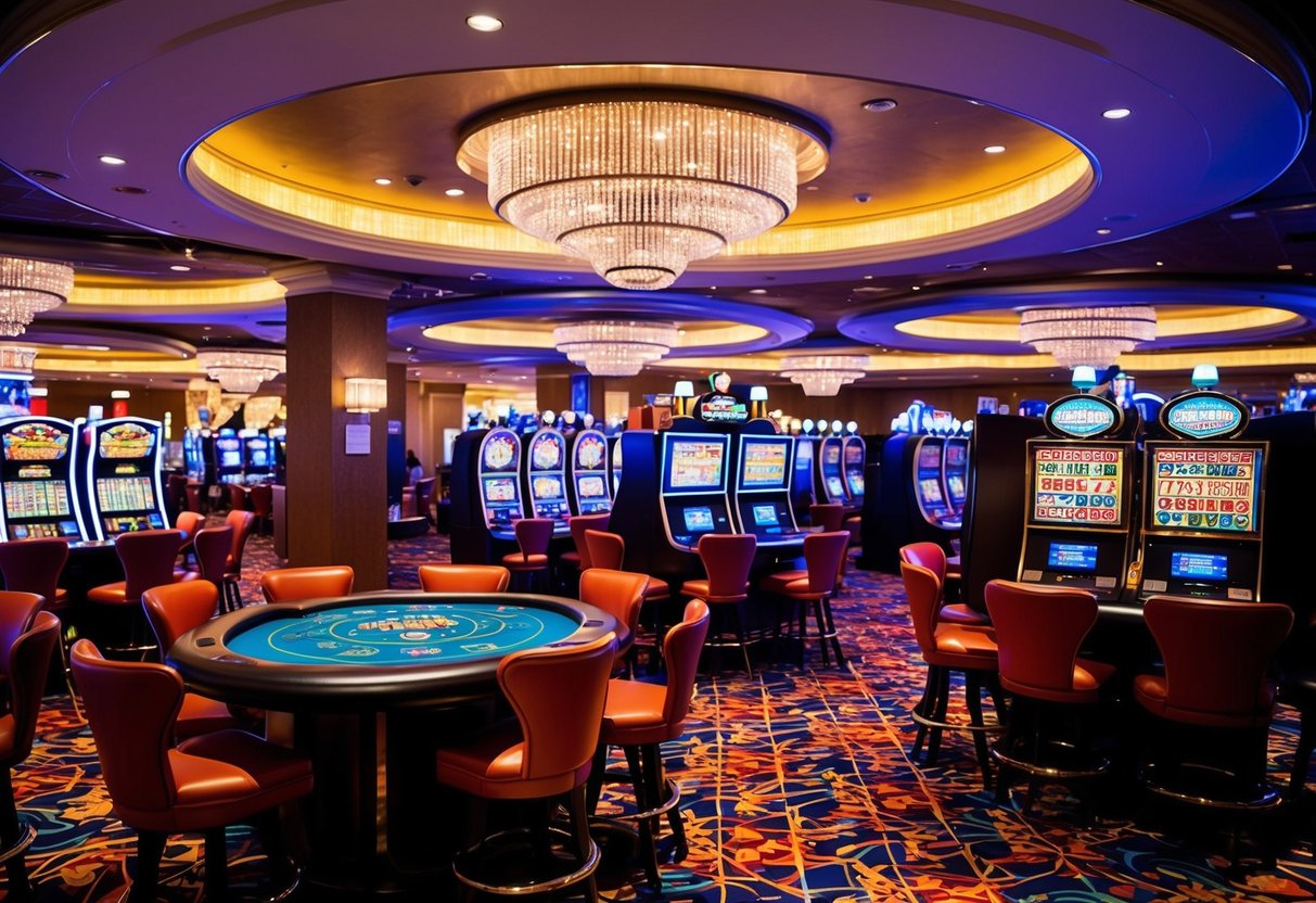 A colorful casino floor with slot machines, card tables, and flashing lights. The atmosphere is lively and bustling with excitement