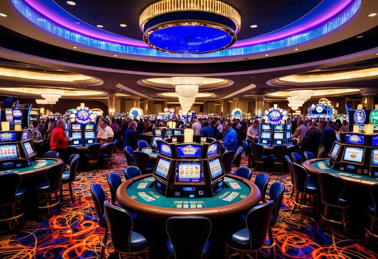 A vibrant casino floor with flashing slot machines and card tables, surrounded by a lively crowd of patrons