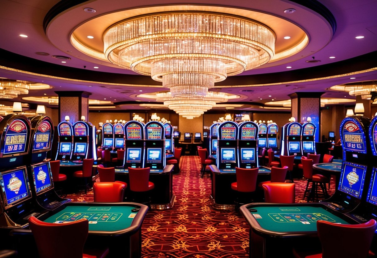 A colorful casino with flashing lights, slot machines, and card tables bustling with activity