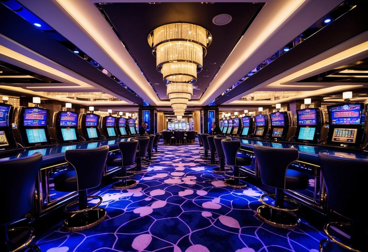 A luxurious casino with sleek, modern decor and vibrant, flashing lights. The atmosphere is bustling with excitement and anticipation