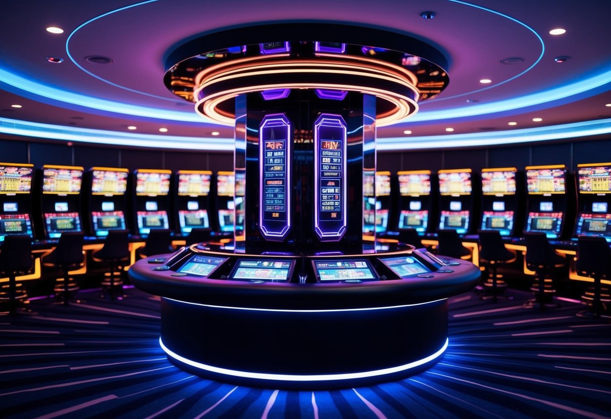 A futuristic casino with neon lights, sleek design, and high-tech gaming equipment