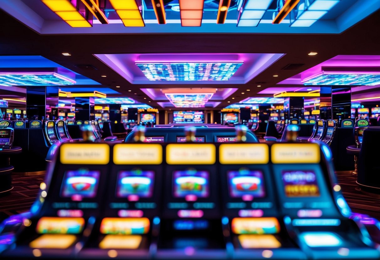 A futuristic casino with neon lights, spinning slot machines, and glitching digital displays