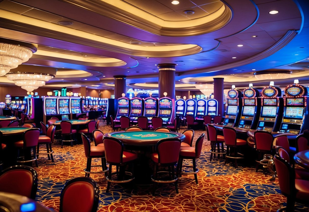 A bustling casino floor with colorful slot machines, card tables, and a lively atmosphere. Bright lights and a sense of excitement fill the room