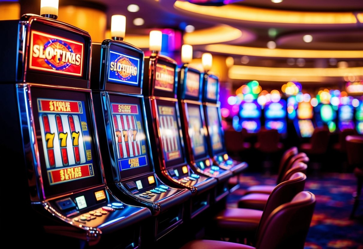 Colorful slot machines spinning with bright lights and sound, surrounded by a bustling casino floor