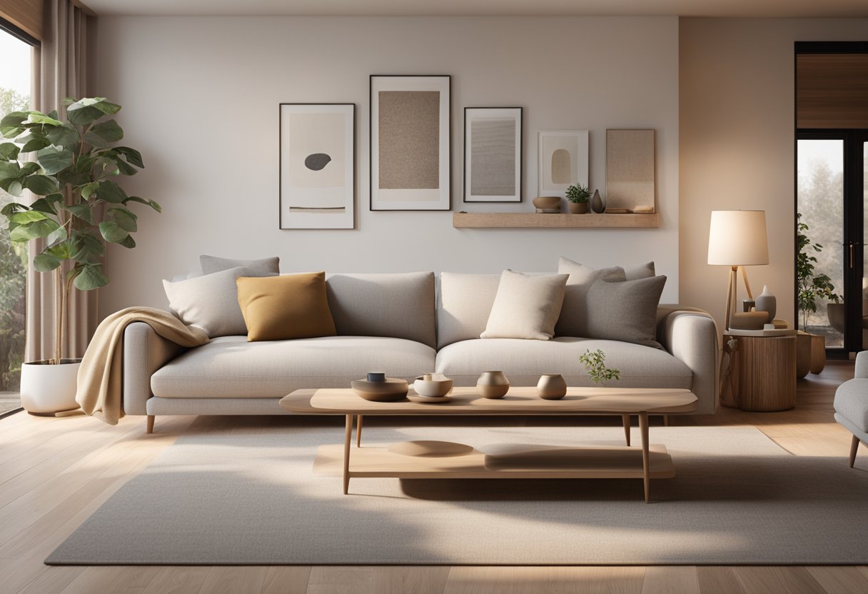 A cozy living room with neutral colors, natural materials, and simple, clean lines. A large, comfortable sofa and a few carefully chosen decorative elements complete the warm minimalism décor