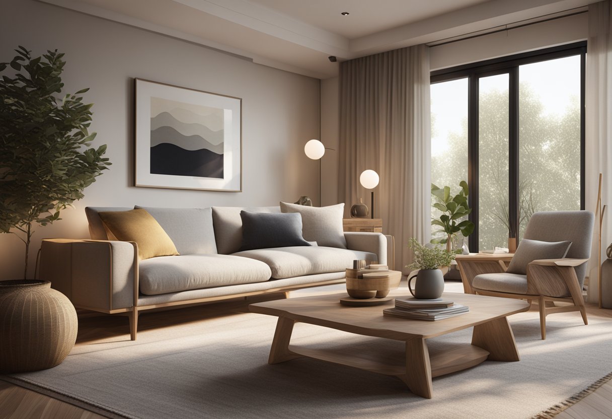 A cozy living room with clean lines, neutral colors, and natural textures. A few carefully chosen decorative elements add warmth and personality to the space