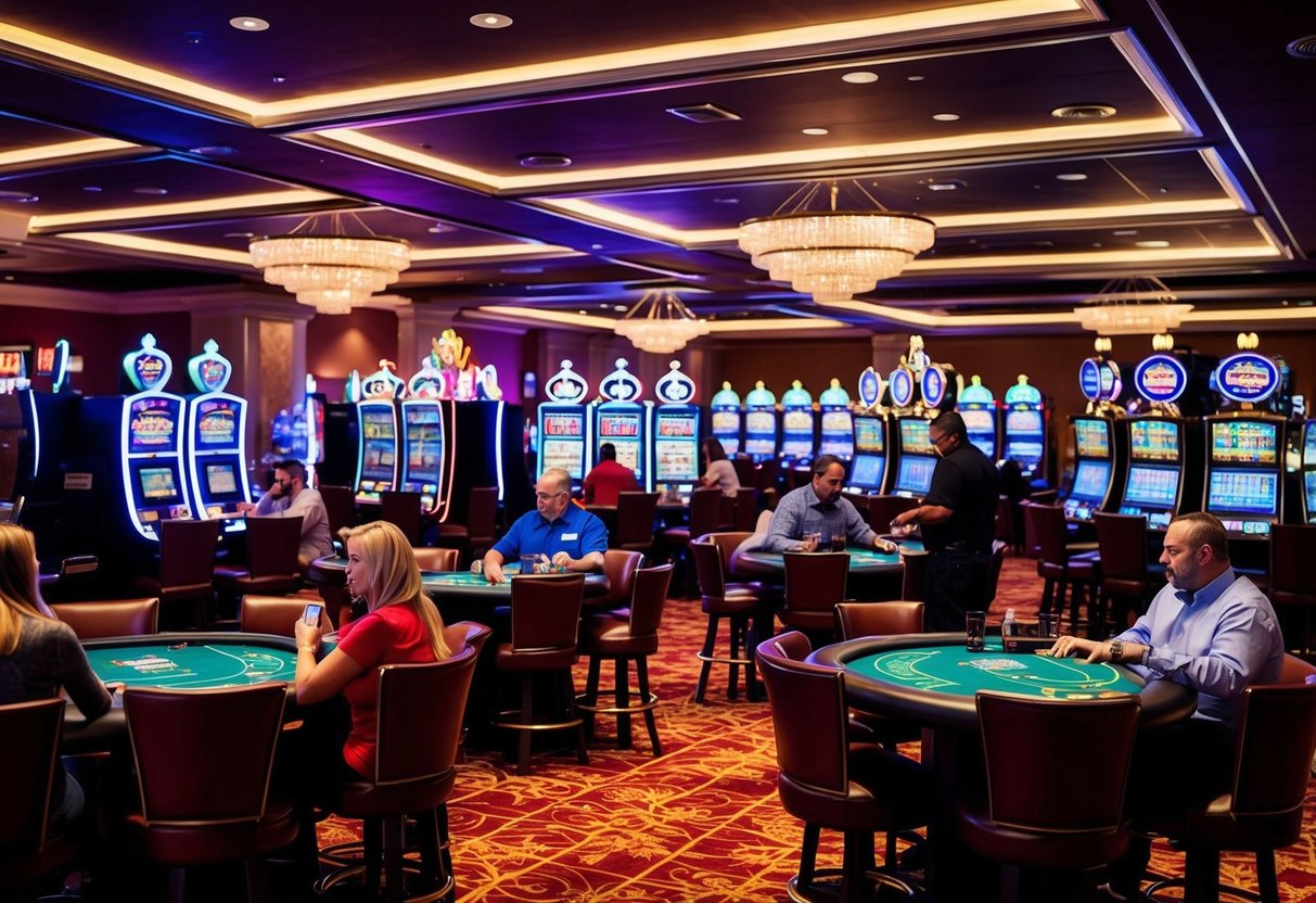 The bustling casino floor with neon lights, slot machines, and card tables. Patrons enjoying games and drinks in a lively atmosphere