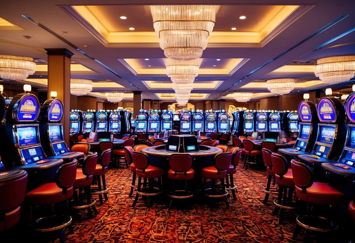 A vibrant casino floor with flashing lights, rows of slot machines, and bustling card tables. The atmosphere is lively and energetic