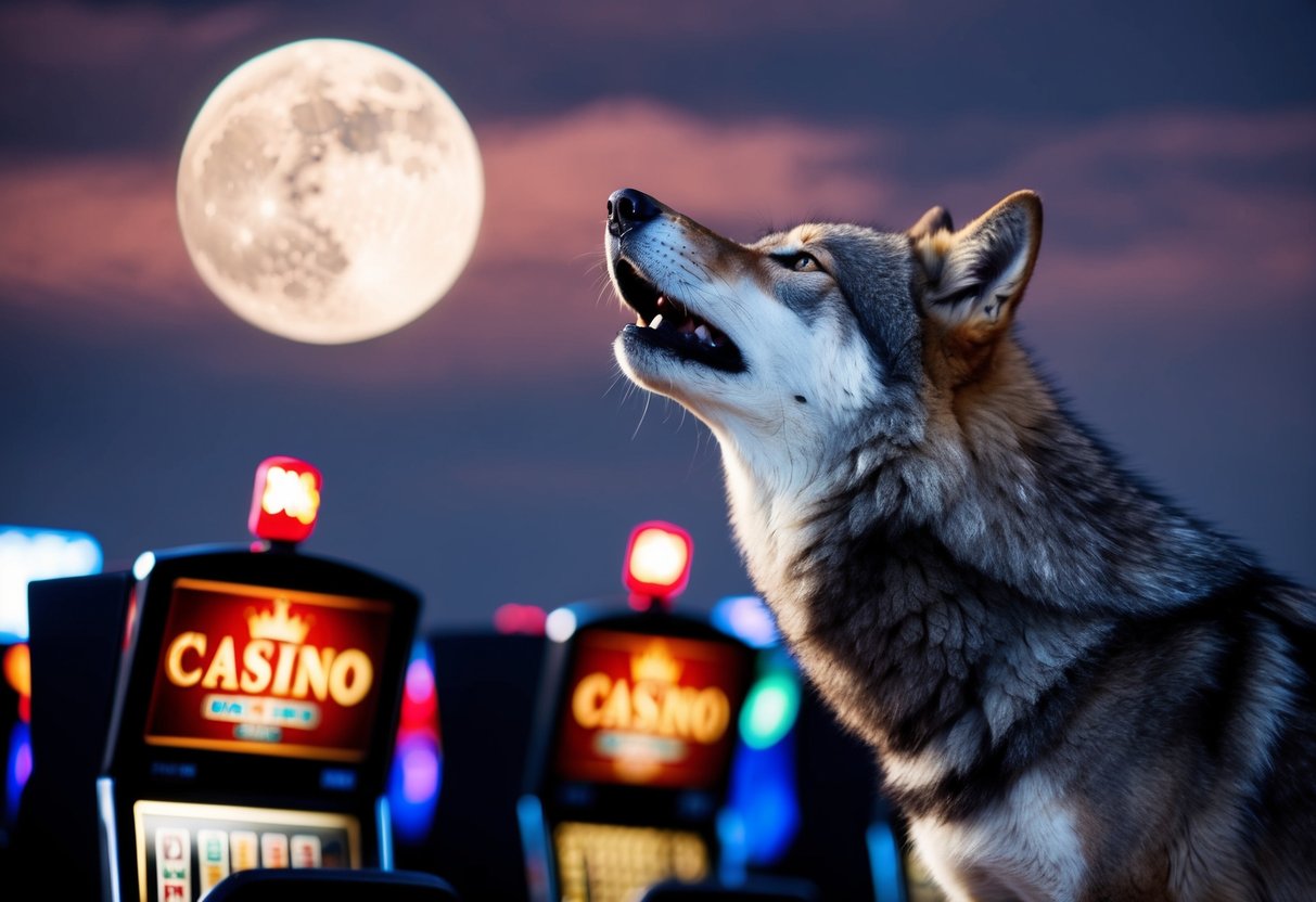 A wolf howling at a full moon over a casino with spinning slot machines