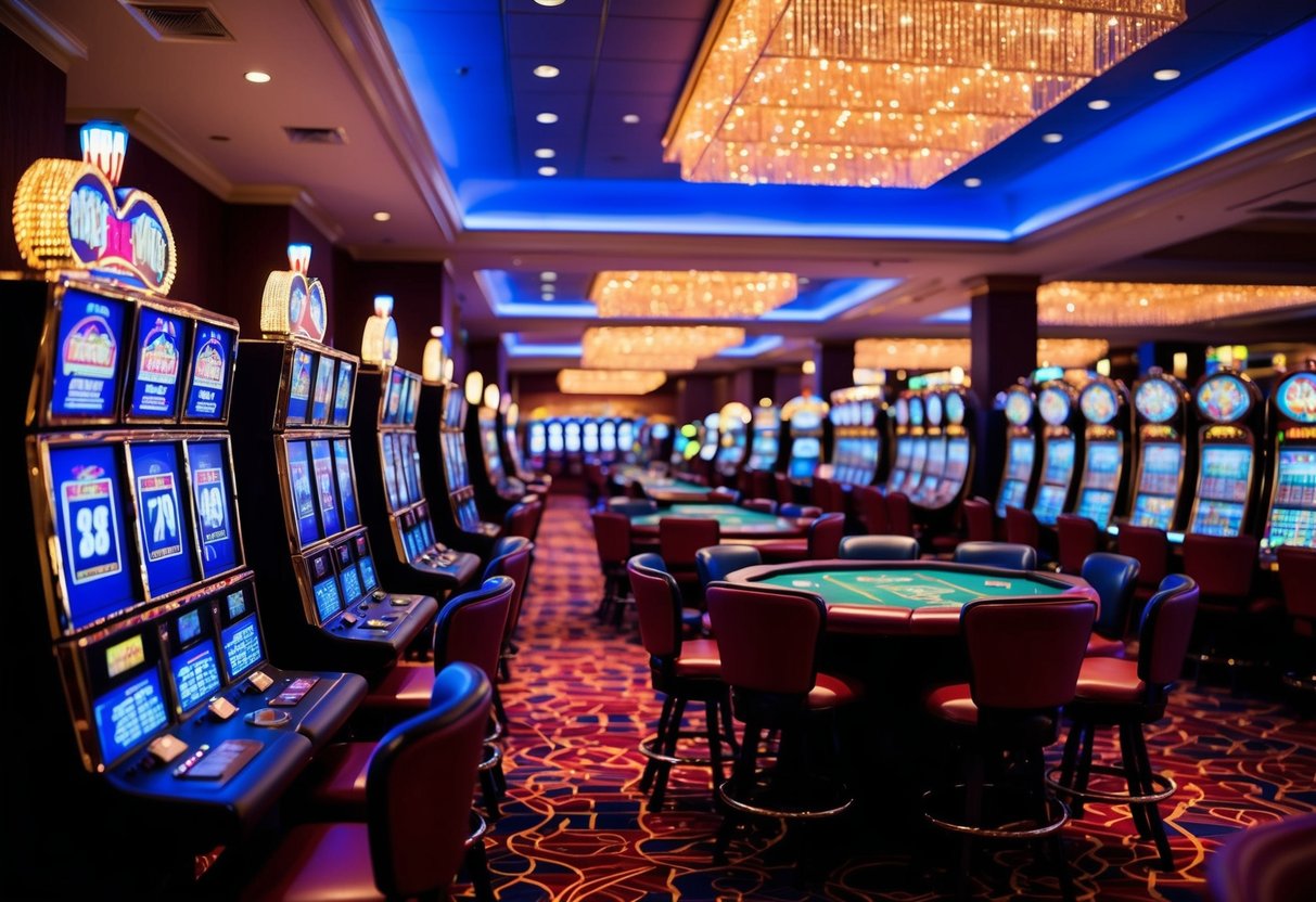 The vibrant lights of the casino floor illuminate rows of slot machines and card tables, creating a lively and bustling atmosphere