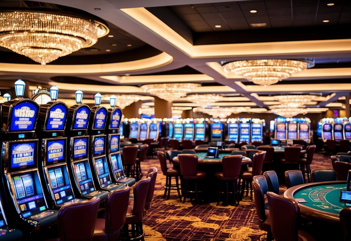 A bustling casino floor with rows of slot machines and gaming tables, surrounded by flashing lights and the sound of clinking coins