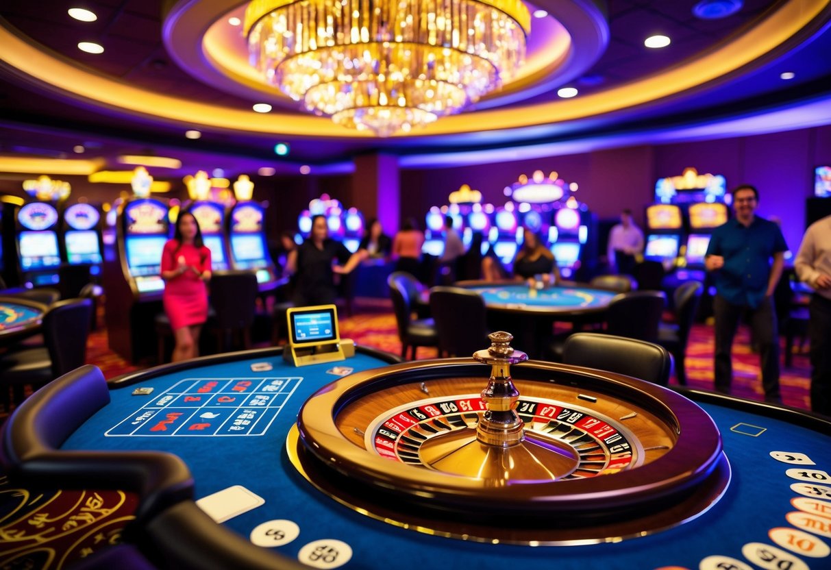 A colorful casino with slot machines, card tables, and a roulette wheel surrounded by excited players. Bright lights and a lively atmosphere fill the room