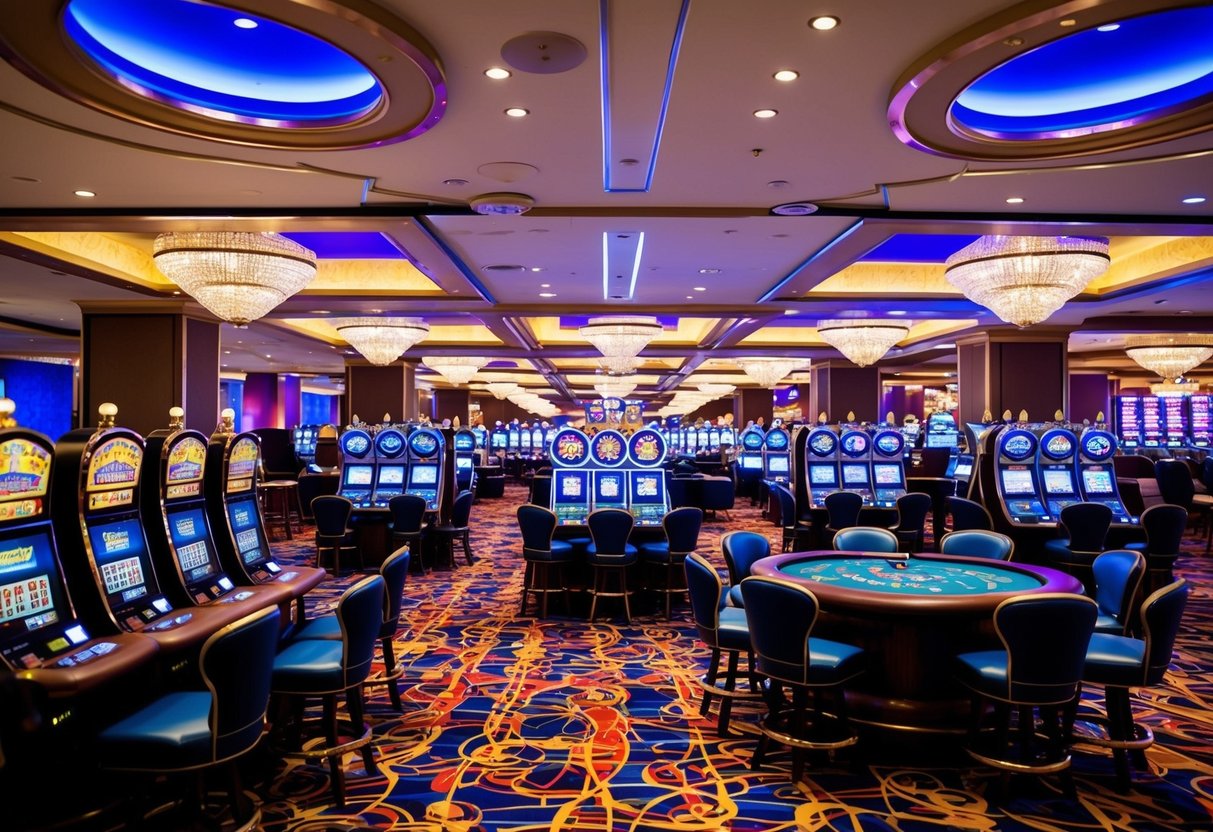 A bustling casino floor with slot machines, card tables, and a vibrant atmosphere. Bright lights and colorful decor create an energetic setting