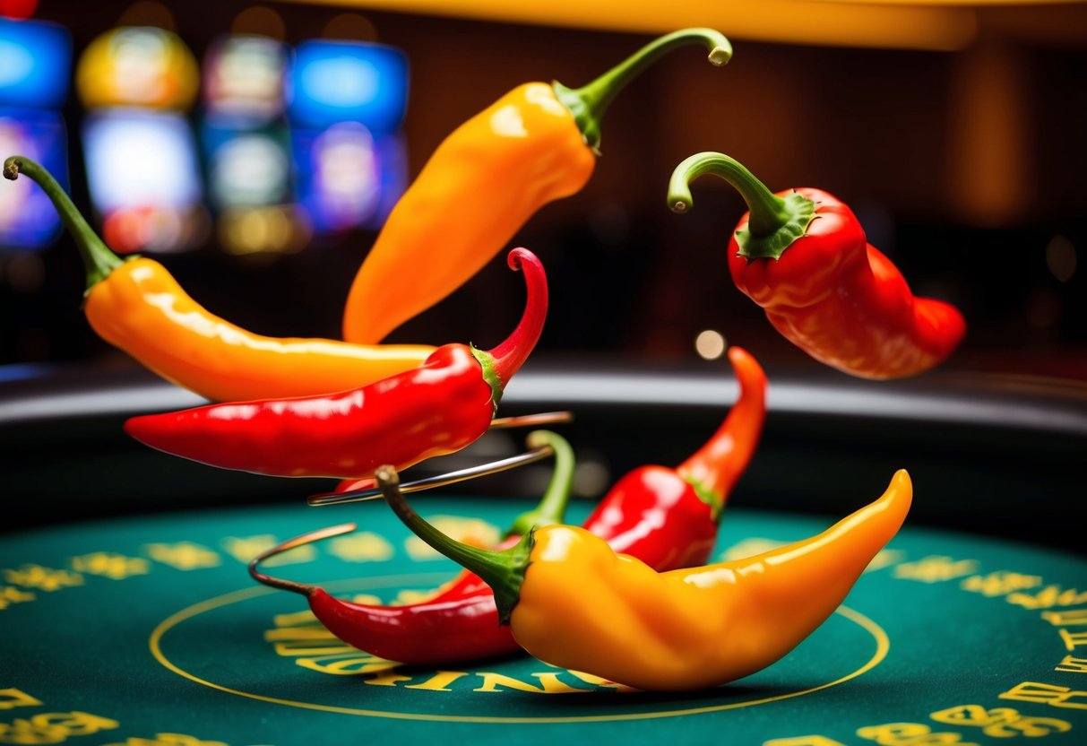 Brightly colored chili peppers spinning on a casino-themed background