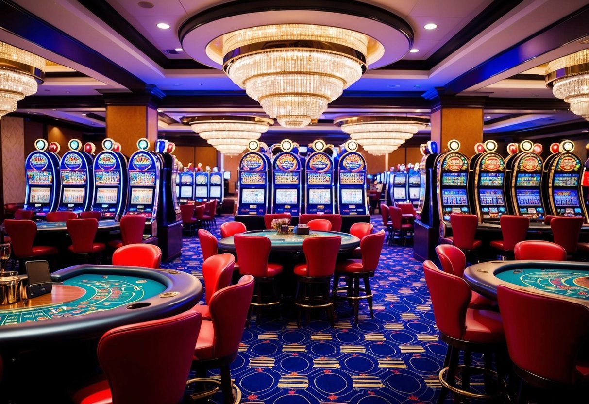 A colorful casino interior with bright lights, slot machines, and card tables bustling with activity