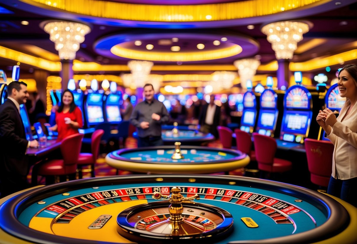 A colorful casino floor with slot machines, card tables, and a roulette wheel surrounded by excited patrons. Bright lights and a lively atmosphere