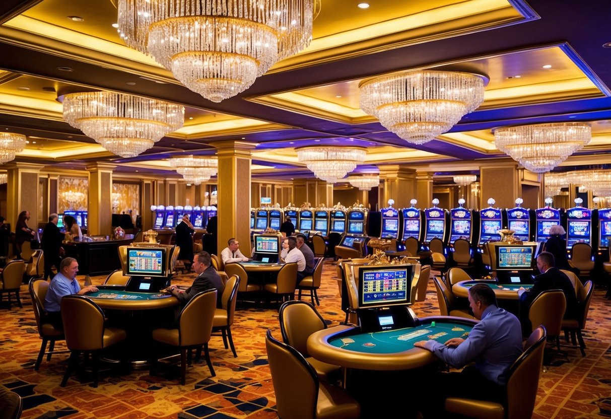 A luxurious casino with golden decor and sparkling chandeliers. Tables and slot machines fill the room, with patrons enjoying games and drinks