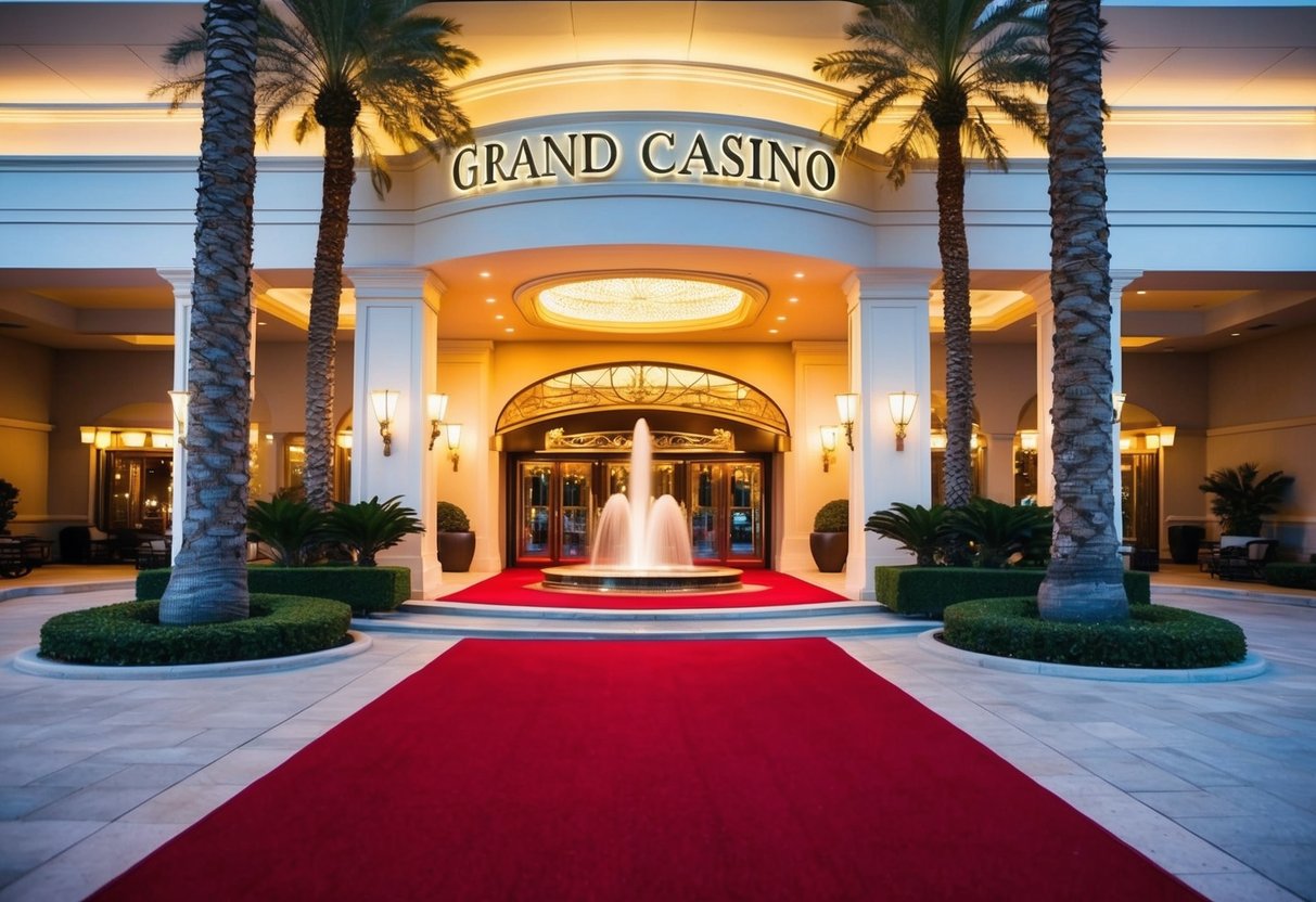 A grand casino entrance with bright lights and a red carpet leading to the doors. Palm trees and a fountain decorate the exterior