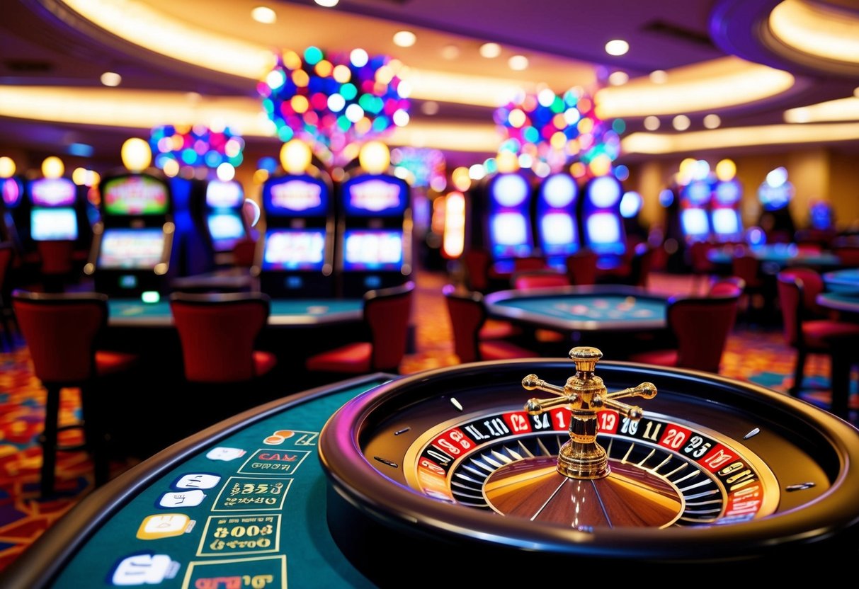 A bustling casino floor with slot machines, card tables, and a roulette wheel. Bright lights and colorful decorations create a lively atmosphere