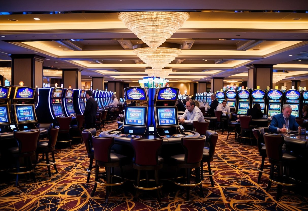 A bustling casino floor with slot machines, card tables, and flashing lights. Patrons are seen enjoying games and drinks