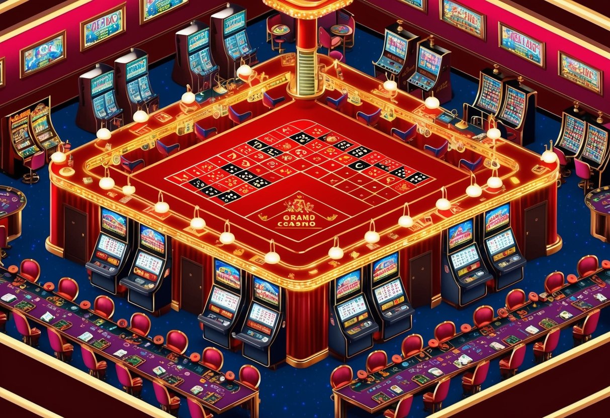 A grand casino with neon lights, slot machines, and card tables bustling with activity