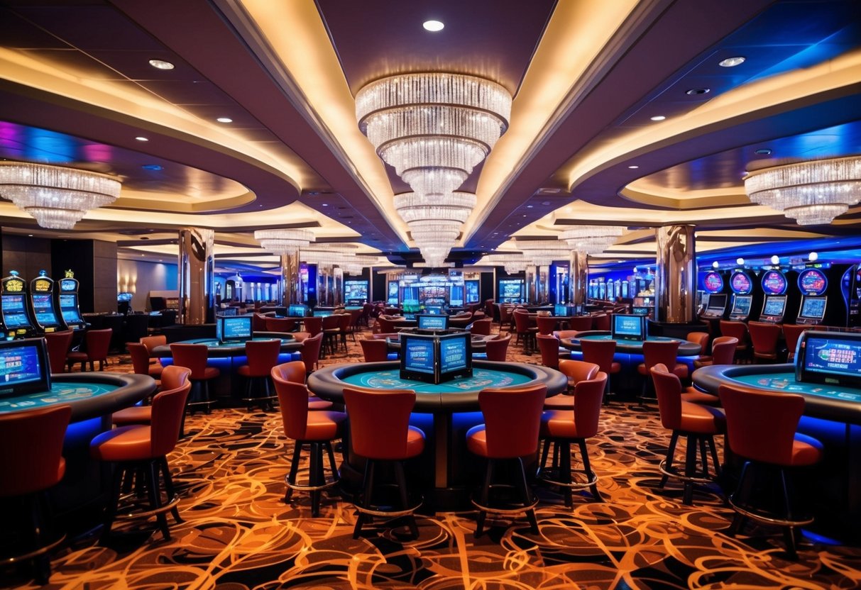 A bustling casino floor with futuristic decor and flashing lights. Multiple game tables and slot machines fill the space