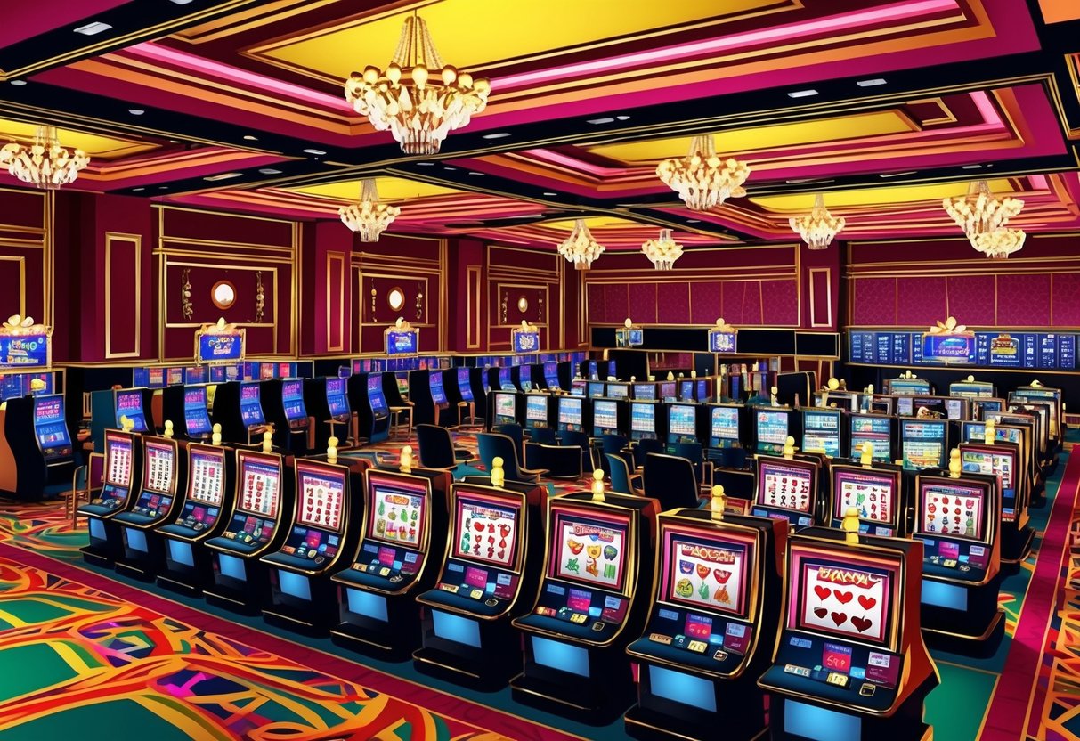 A colorful casino floor with flashing lights and slot machines