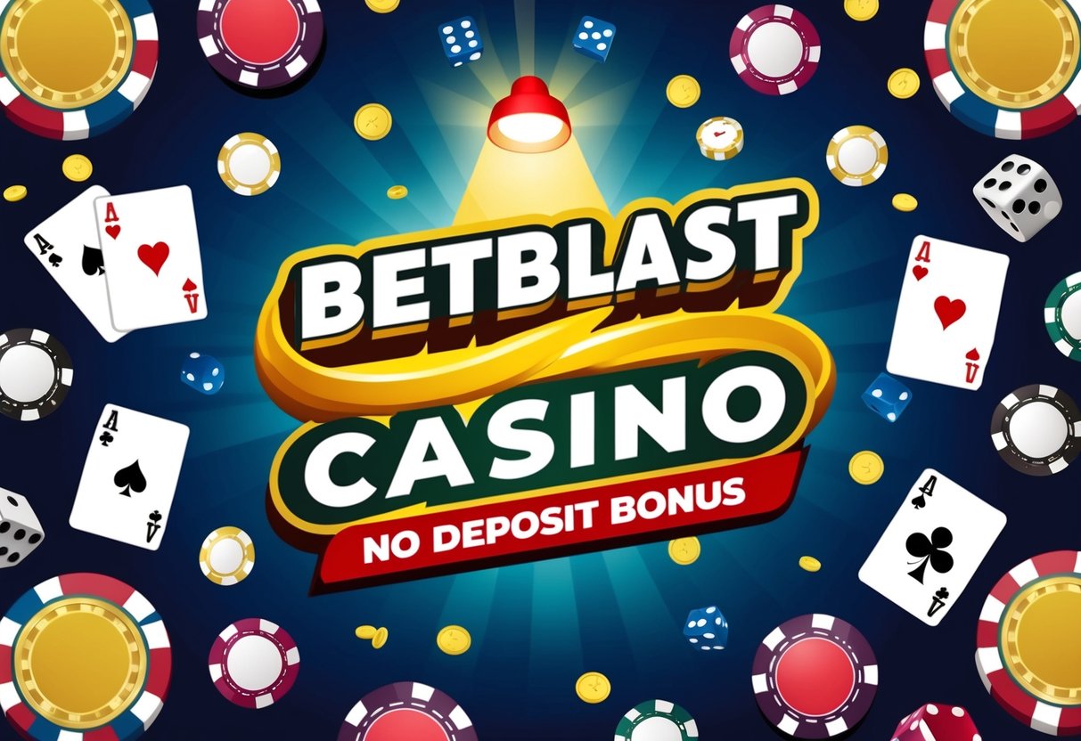 A colorful casino-themed background with chips, dice, and playing cards scattered around, with a spotlight on the words "Betblast Casino No Deposit Bonus."