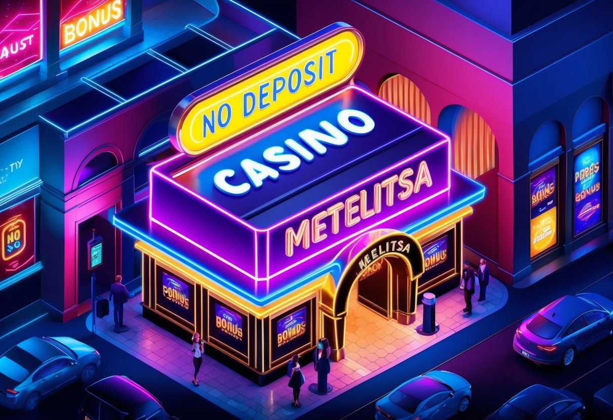 The neon-lit Metelitsa Casino entrance with a glowing "No Deposit Bonus" sign, surrounded by sleek architecture and bustling nightlife