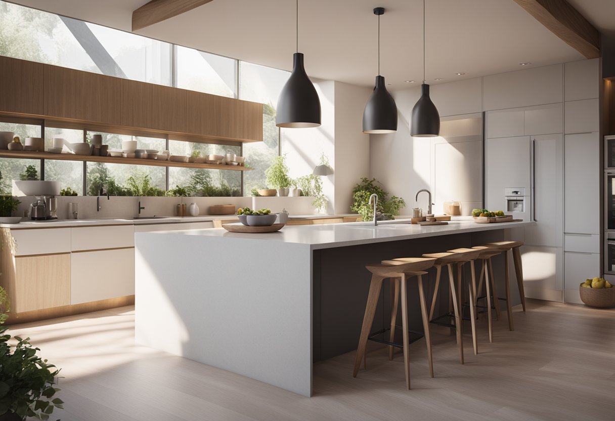 A sunlit, spacious kitchen with clean lines and neutral colors. A few carefully chosen, high-quality utensils and appliances sit on the countertops