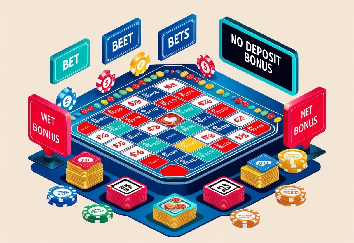 A vibrant casino setting with colorful bet labels and no deposit bonus signs displayed prominently