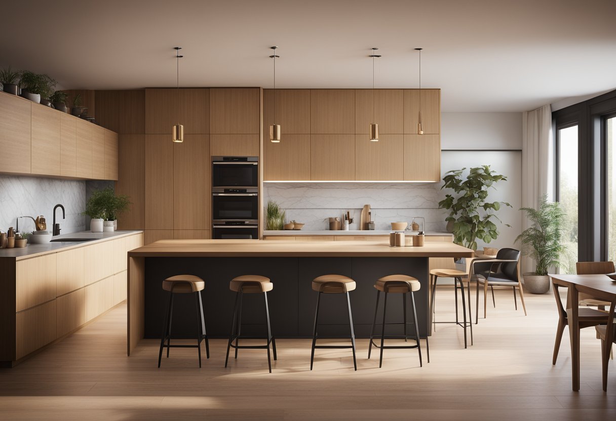 A sleek, warm-toned kitchen with durable, stylish materials. Clean lines and minimalistic design create a timeless, inviting space