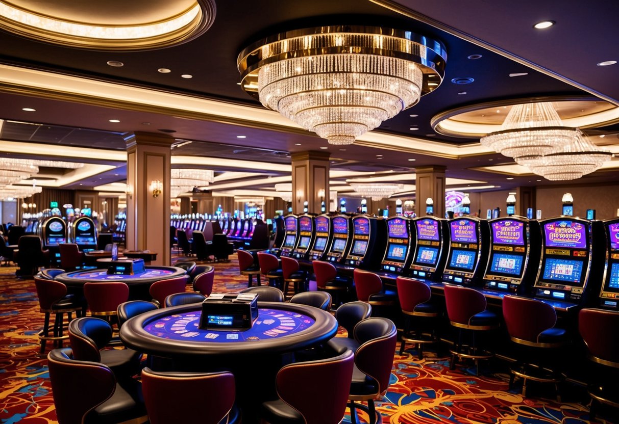 A luxurious casino with vibrant lights, sleek gaming tables, and rows of slot machines, bustling with excitement and energy