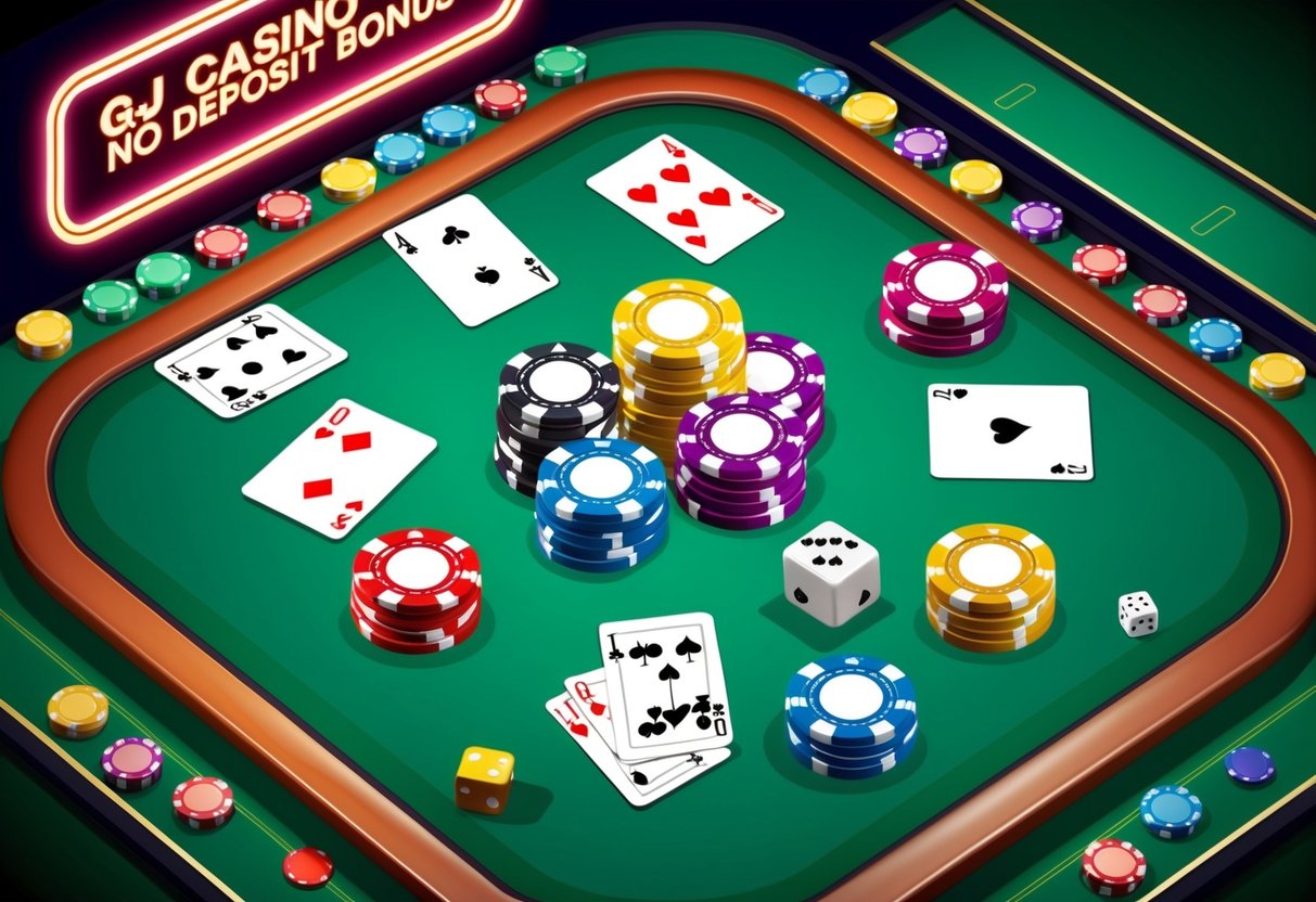 Colorful casino chips scattered on a green felt table with playing cards and dice. A neon sign flashes "GJ Casino No Deposit Bonus" in the background