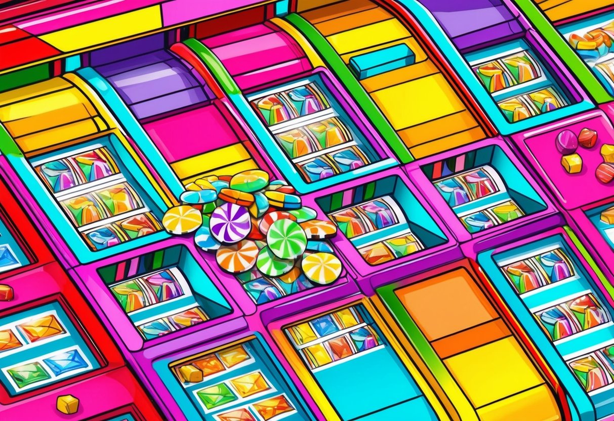 Colorful candy-themed slot machines with spinning reels and flashing lights. A pile of candy symbols on the screen