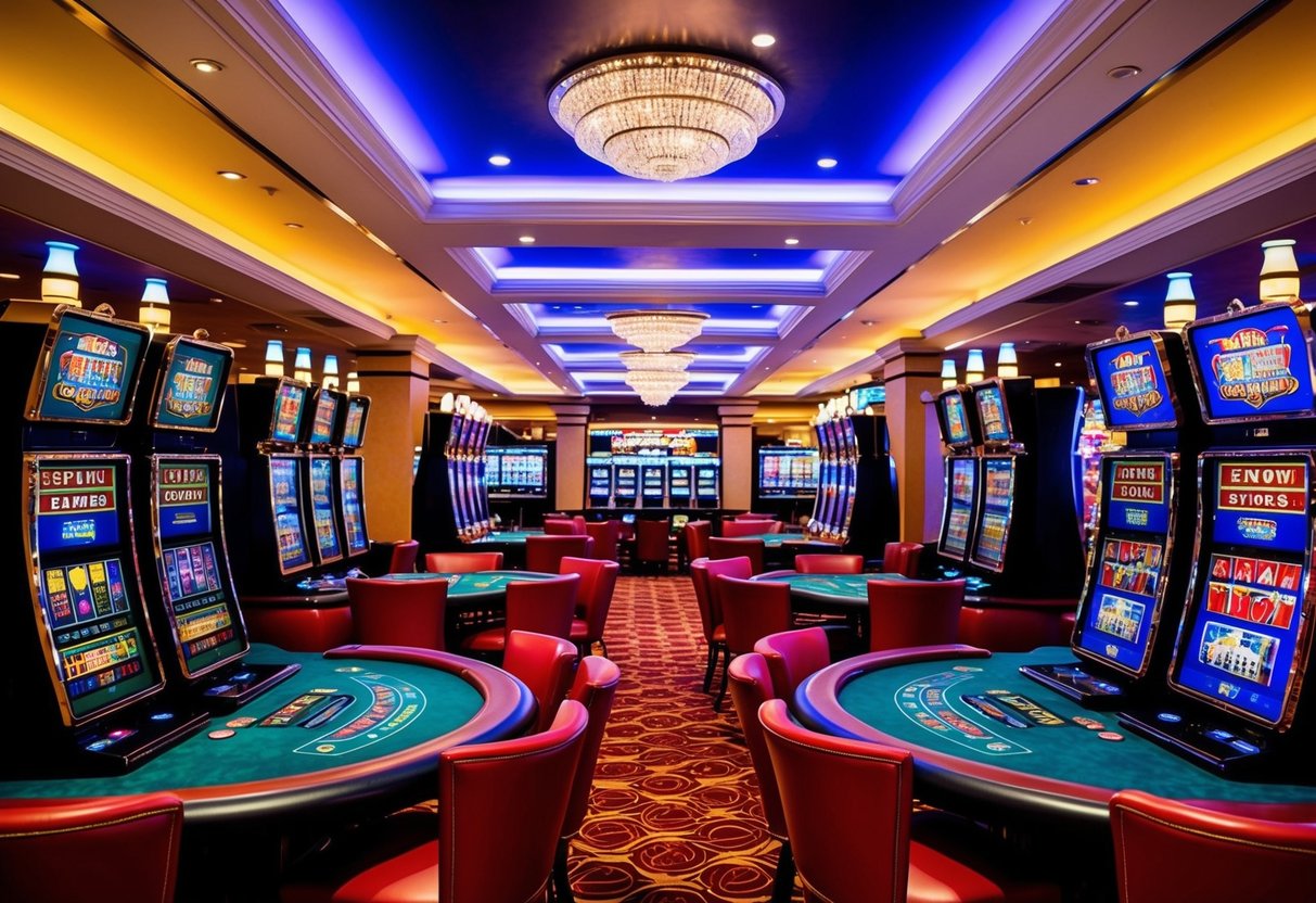 A colorful and vibrant casino interior with spinning slot machines and lively card tables