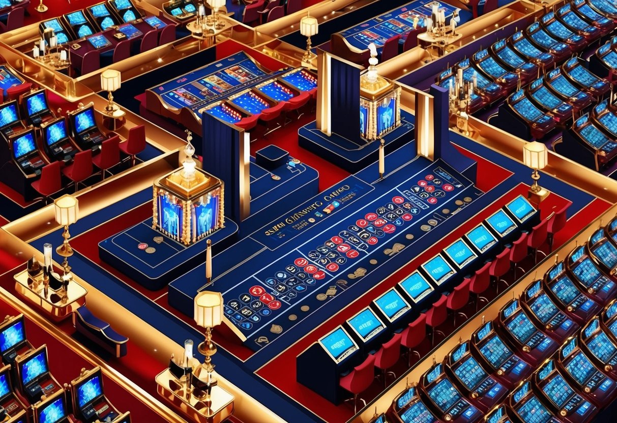 A luxurious casino setting with vibrant lights, sleek gaming tables, and rows of slot machines