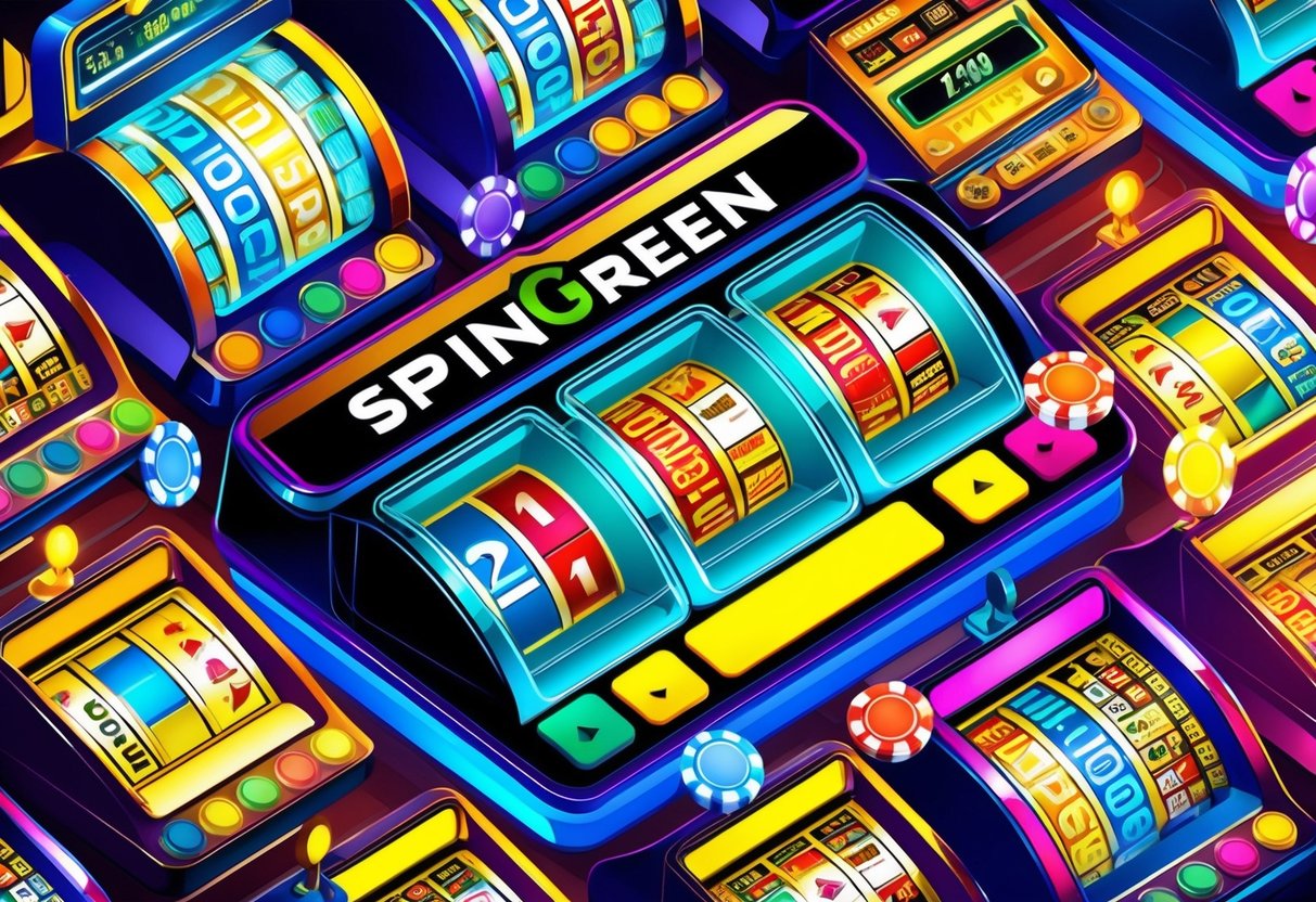 Colorful casino chips and slot machines at SpinGreen Casino. Exciting atmosphere with flashing lights and spinning reels