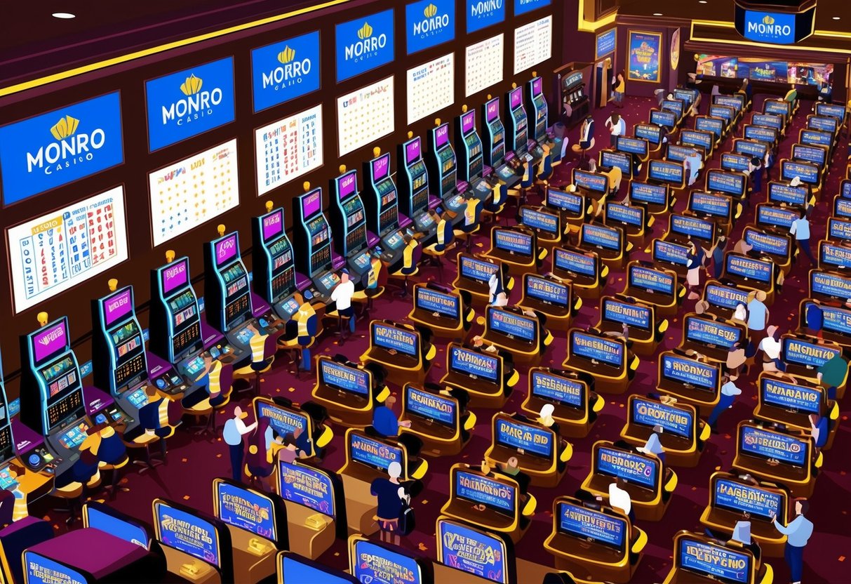 Brightly lit casino floor with rows of slot machines and card tables, adorned with Monro Casino branding. Excitement fills the air as patrons try their luck