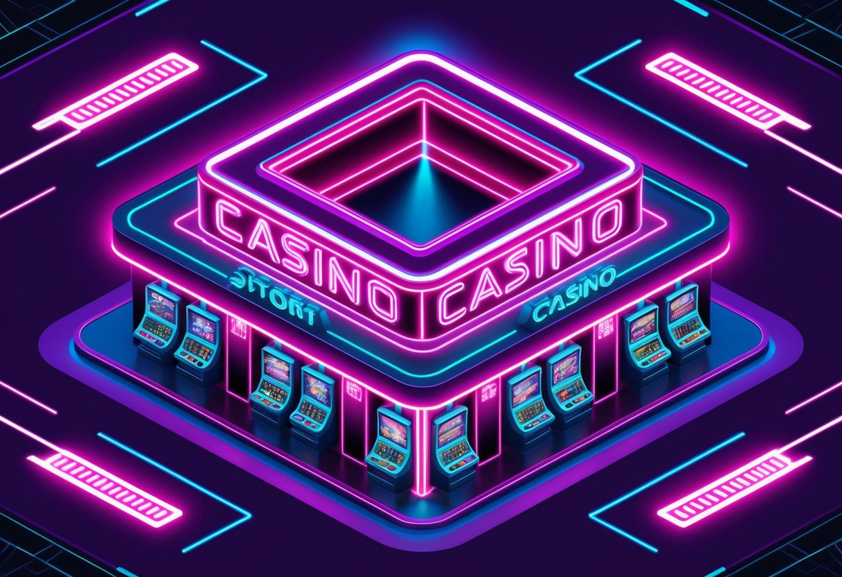 A neon-lit casino with futuristic architecture and glowing slot machines