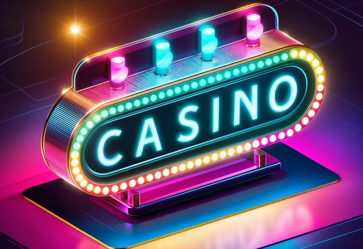 A glowing casino sign with colorful lights and a sleek, modern design