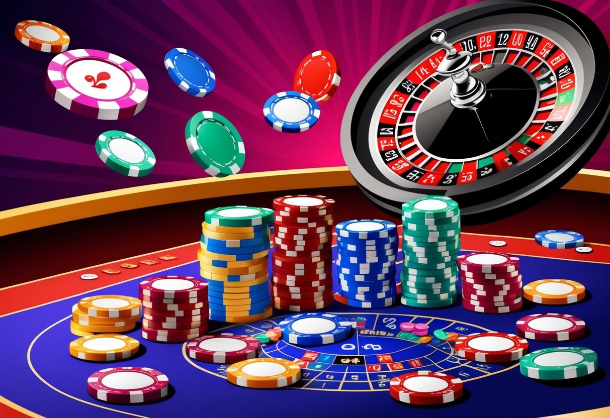 Colorful casino chips scattered on a vibrant gaming table with a spinning roulette wheel in the background