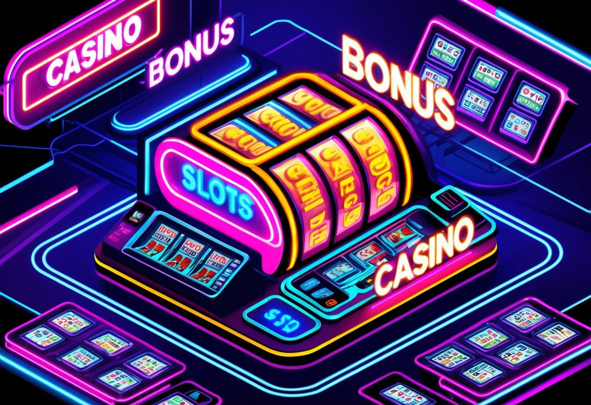 A neon-lit casino with glitching slot machines and swirling bonus symbols