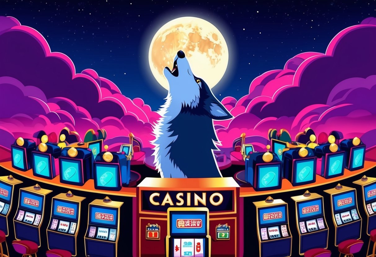 A wolf howling at a full moon above a casino with spinning slot machines