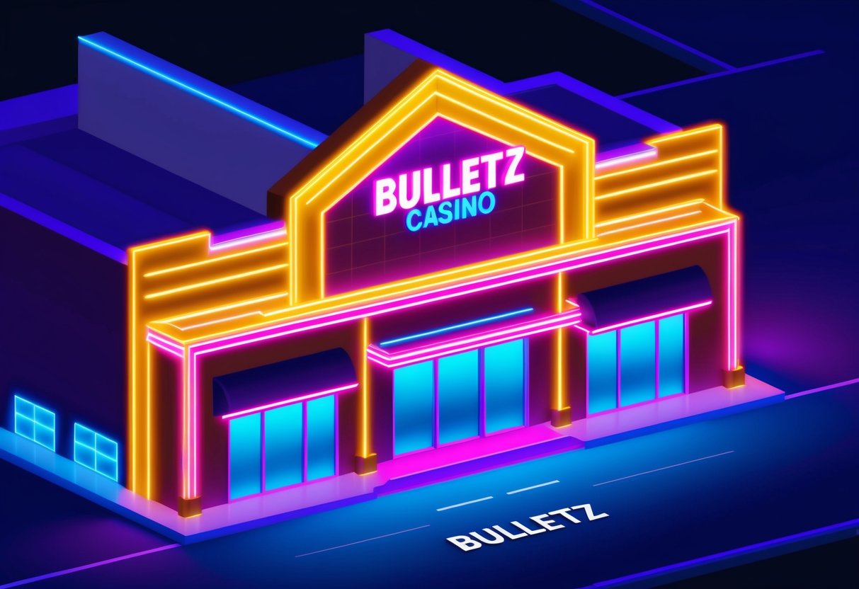 Bright neon lights illuminate the entrance to Bulletz Casino, casting a vibrant glow on the surrounding area. The sleek, modern architecture of the building stands out against the night sky